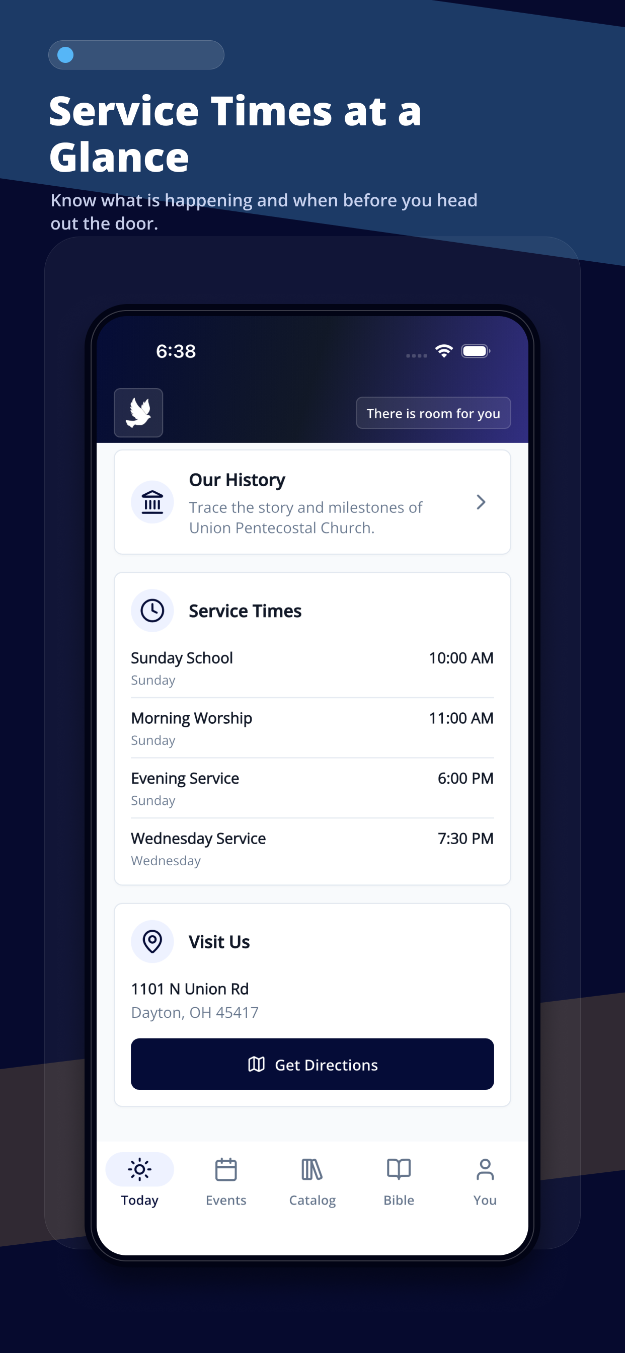 Service Times at a Glance screenshot from the UPC mobile app